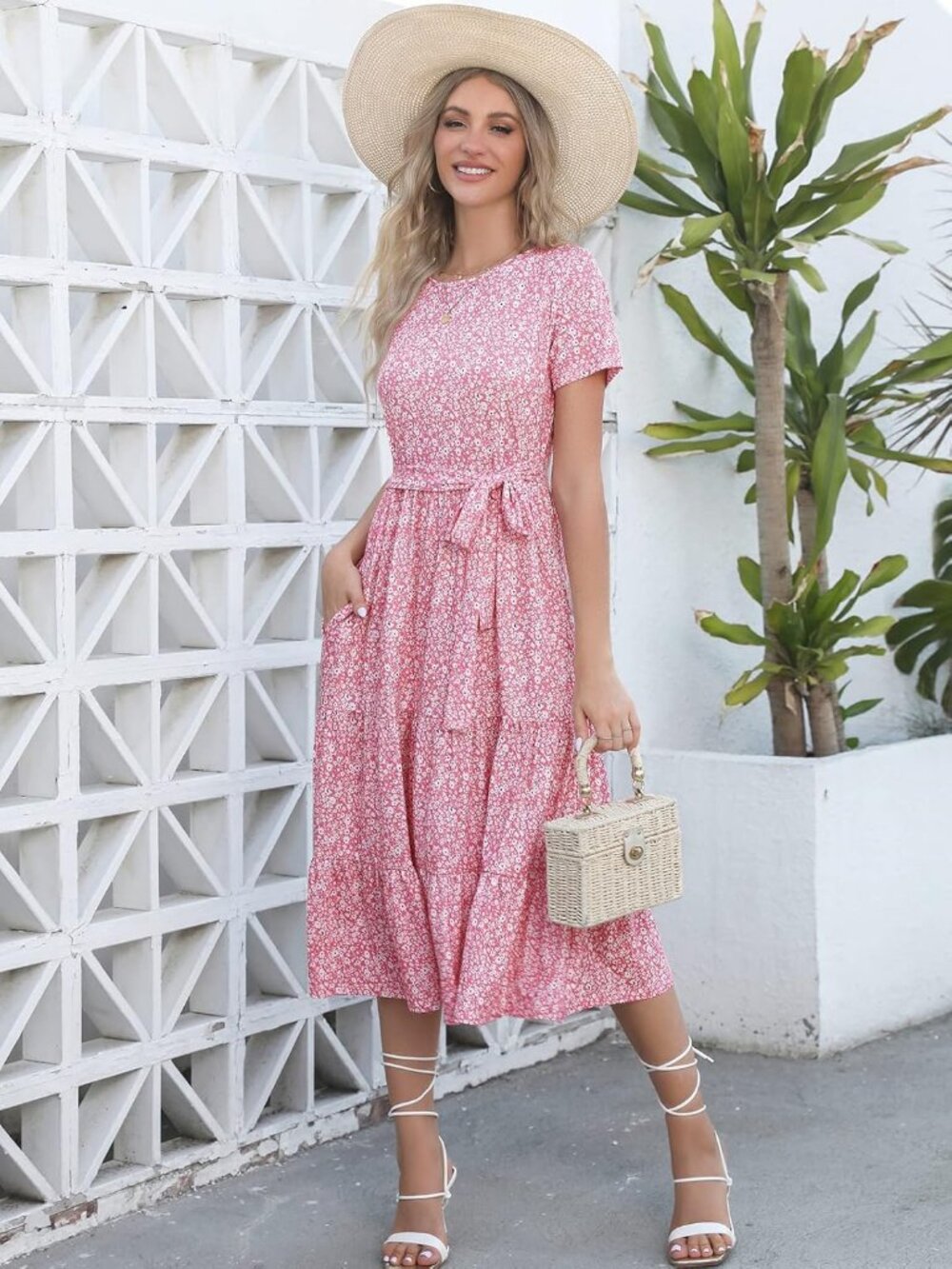 Women's Pink Floral Tiered Short Sleeve Belted Pocket Ruffle Midi Maxi Dress - Picture 3 of 6